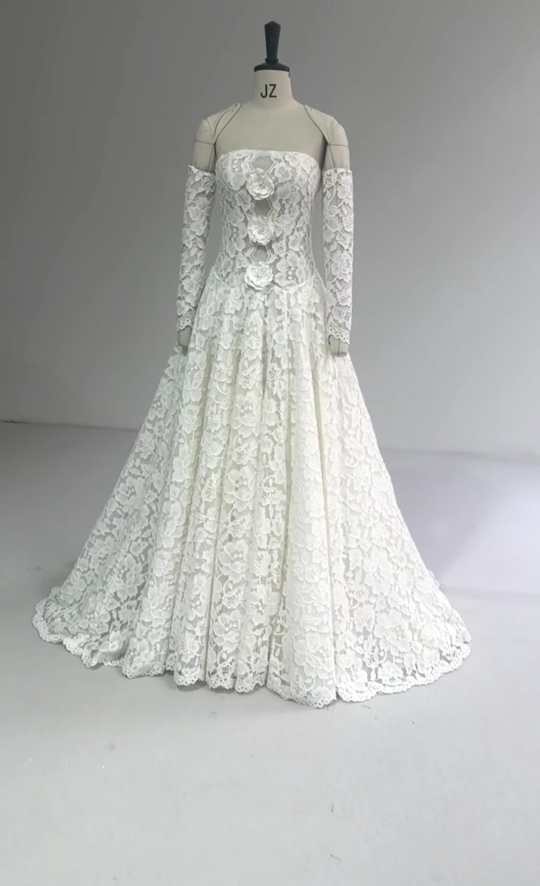 Lovely Floral Lace Strapless Boat Neck Gown With 3 Floral Motiff Bodice Detail And Detached Sleeves