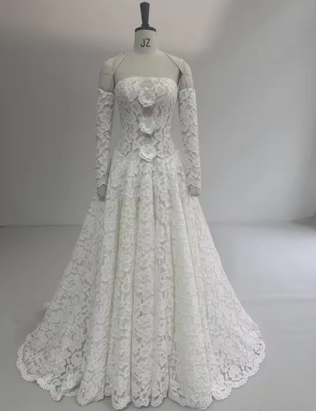 Lovely Floral Lace Strapless Boat Neck Gown With 3 Floral Motiff Bodice Detail And Detached Sleeves