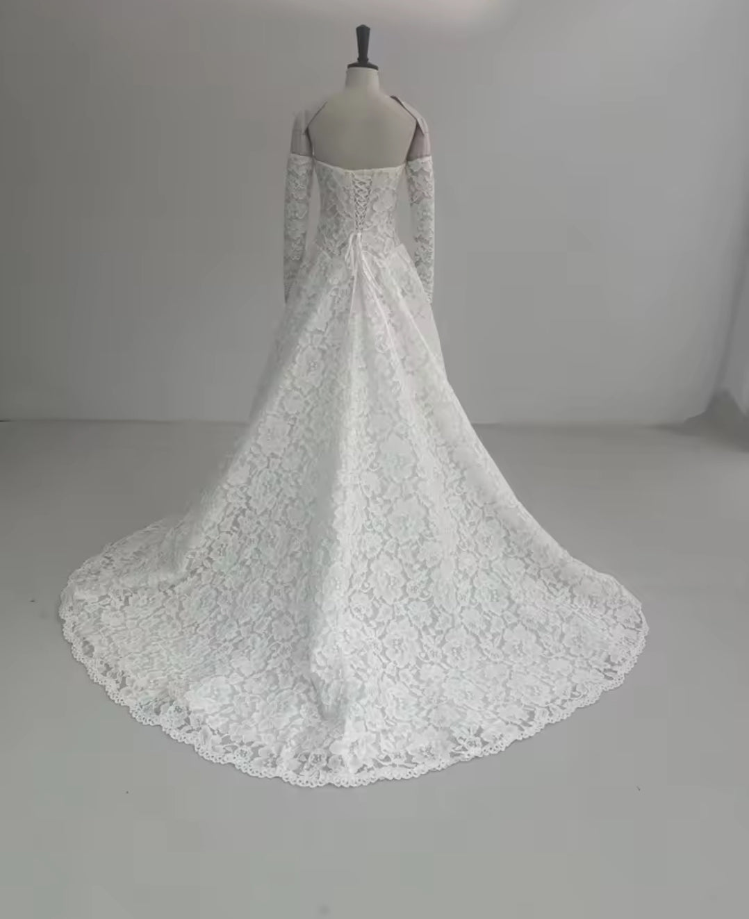 Lovely Floral Lace Strapless Boat Neck Gown With 3 Floral Motiff Bodice Detail And Detached Sleeves
