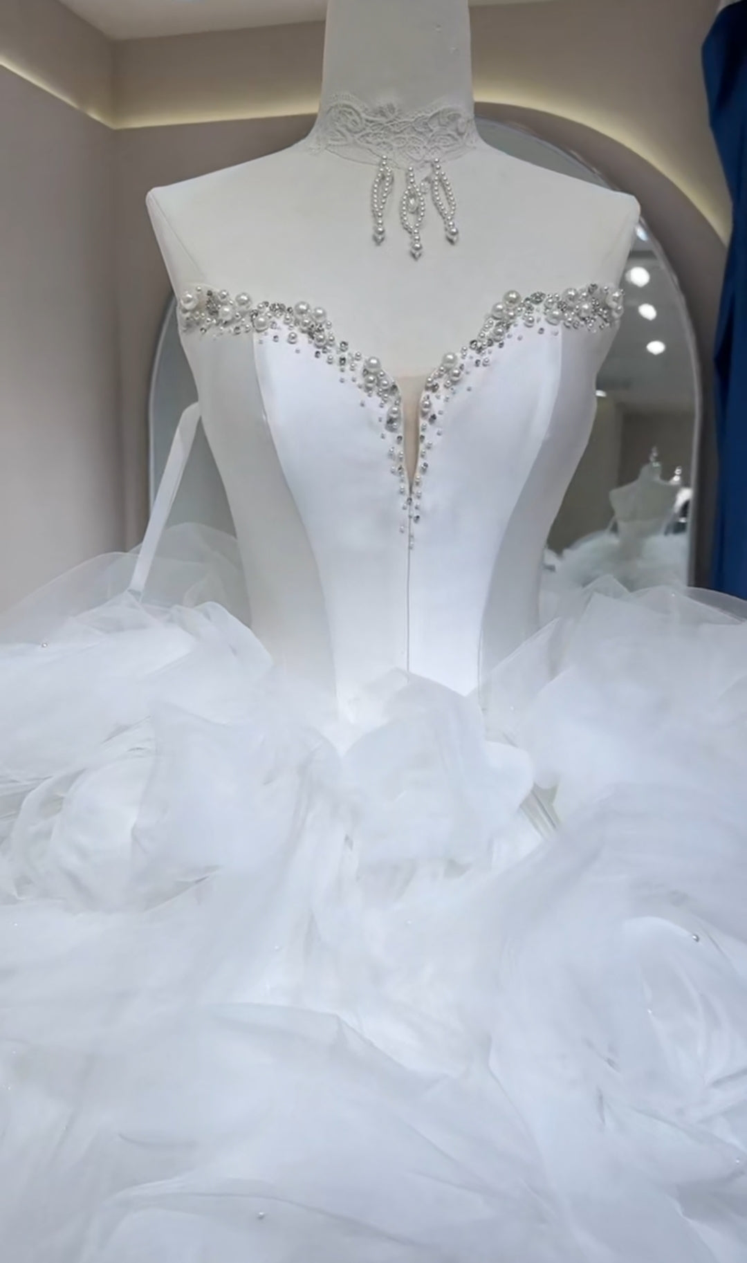 Shimmering Pearl & Multi Beaded Trim Satin Sweetheart Neckline And Scattered Bold Floral Motiffs With Neck Piece Bridal Gown