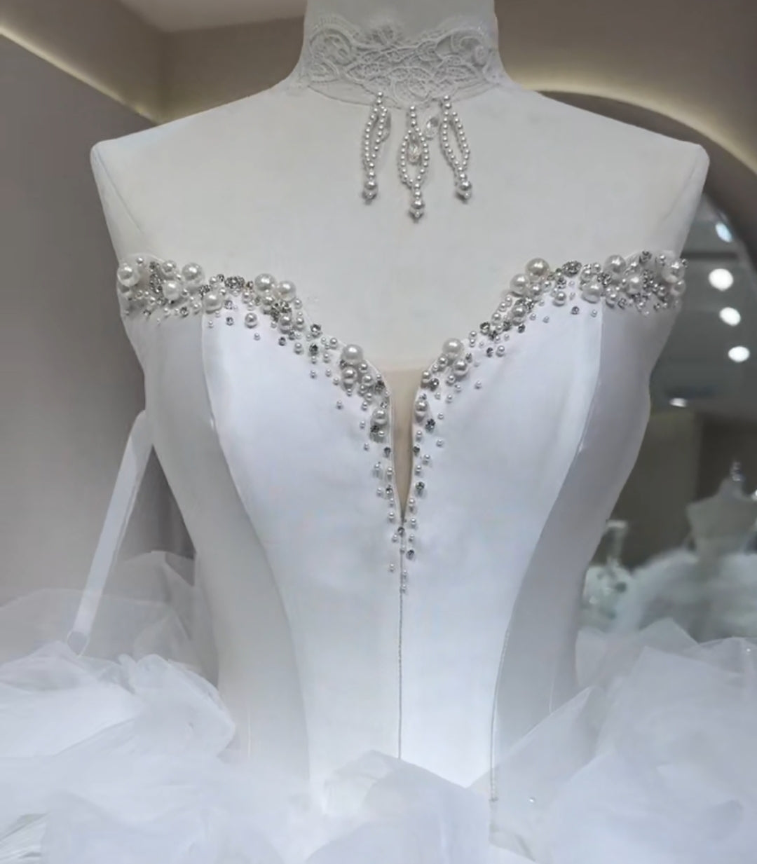 Shimmering Pearl & Multi Beaded Trim Satin Sweetheart Neckline And Scattered Bold Floral Motiffs With Neck Piece Bridal Gown