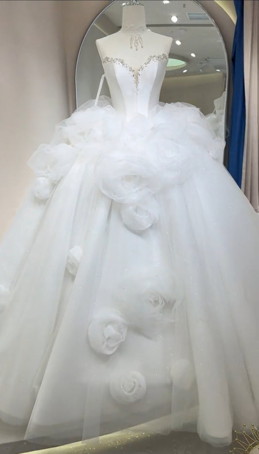 Shimmering Pearl & Multi Beaded Trim Satin Sweetheart Neckline And Scattered Bold Floral Motiffs With Neck Piece Bridal Gown
