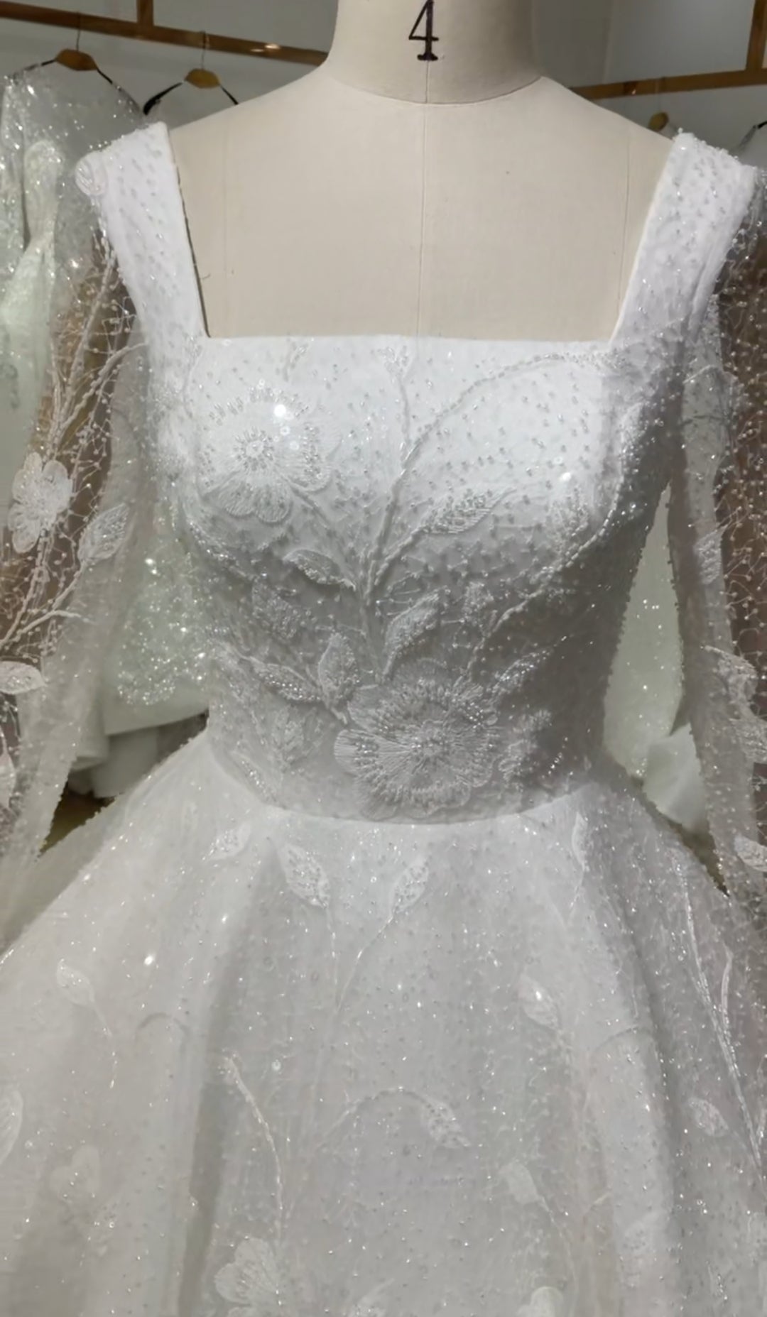 Sheer Floral And Beading Long Sleeve Square Neck Floral Lace Bridal Gown