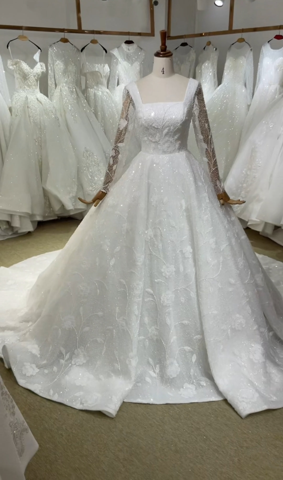 Sheer Floral And Beading Long Sleeve Square Neck Floral Lace Bridal Gown
