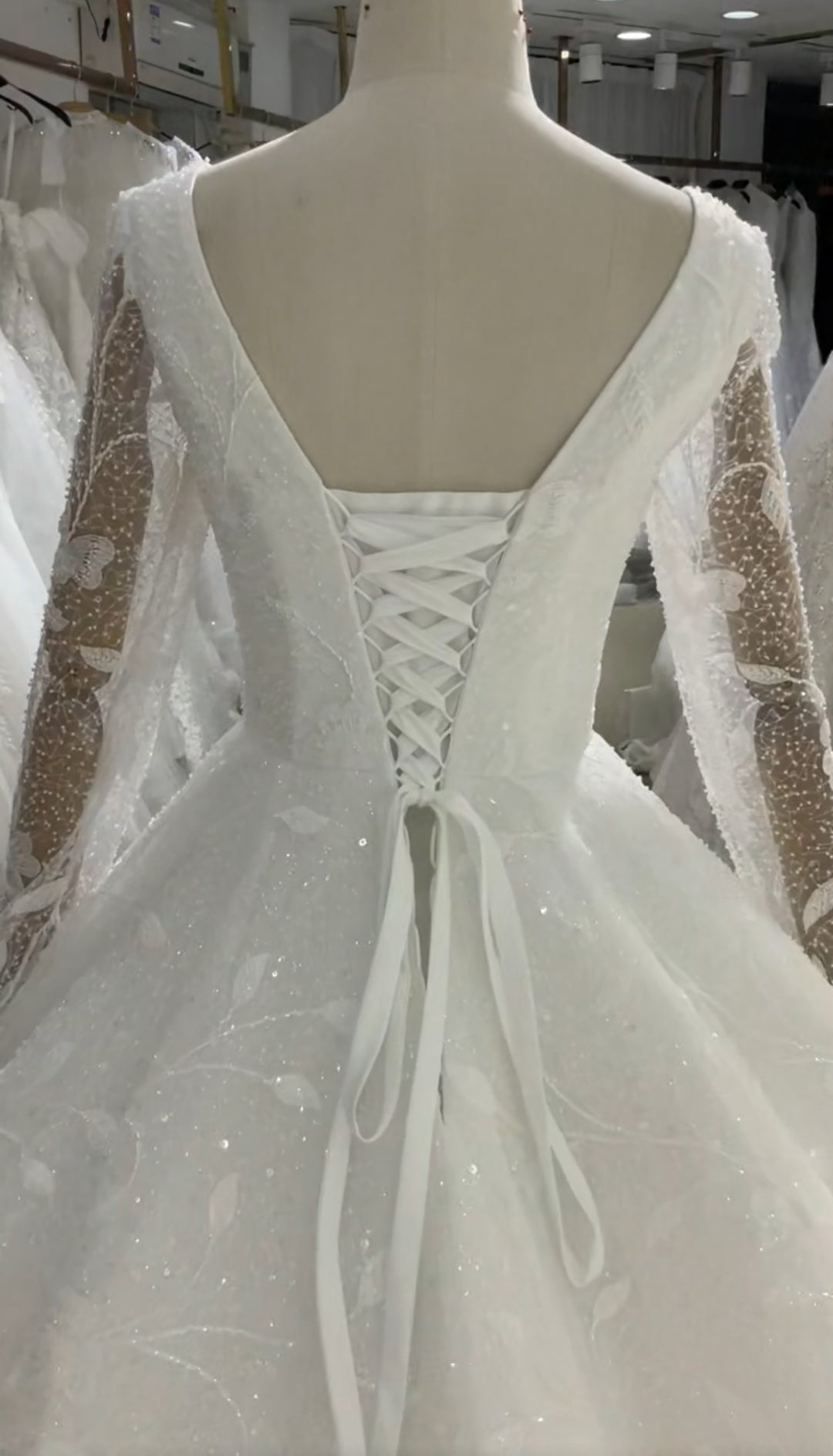 Sheer Floral And Beading Long Sleeve Square Neck Floral Lace Bridal Gown