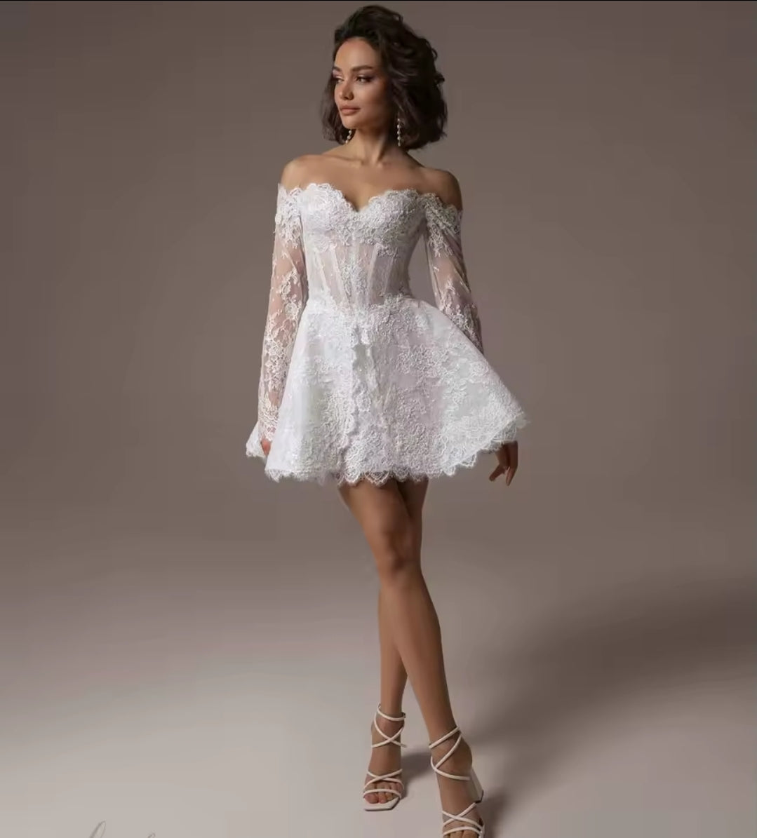 Precious Eyelash Lace Off The Shoulder Long Sleeve Above The Knee Mini Bridal And Ceremonial Dress