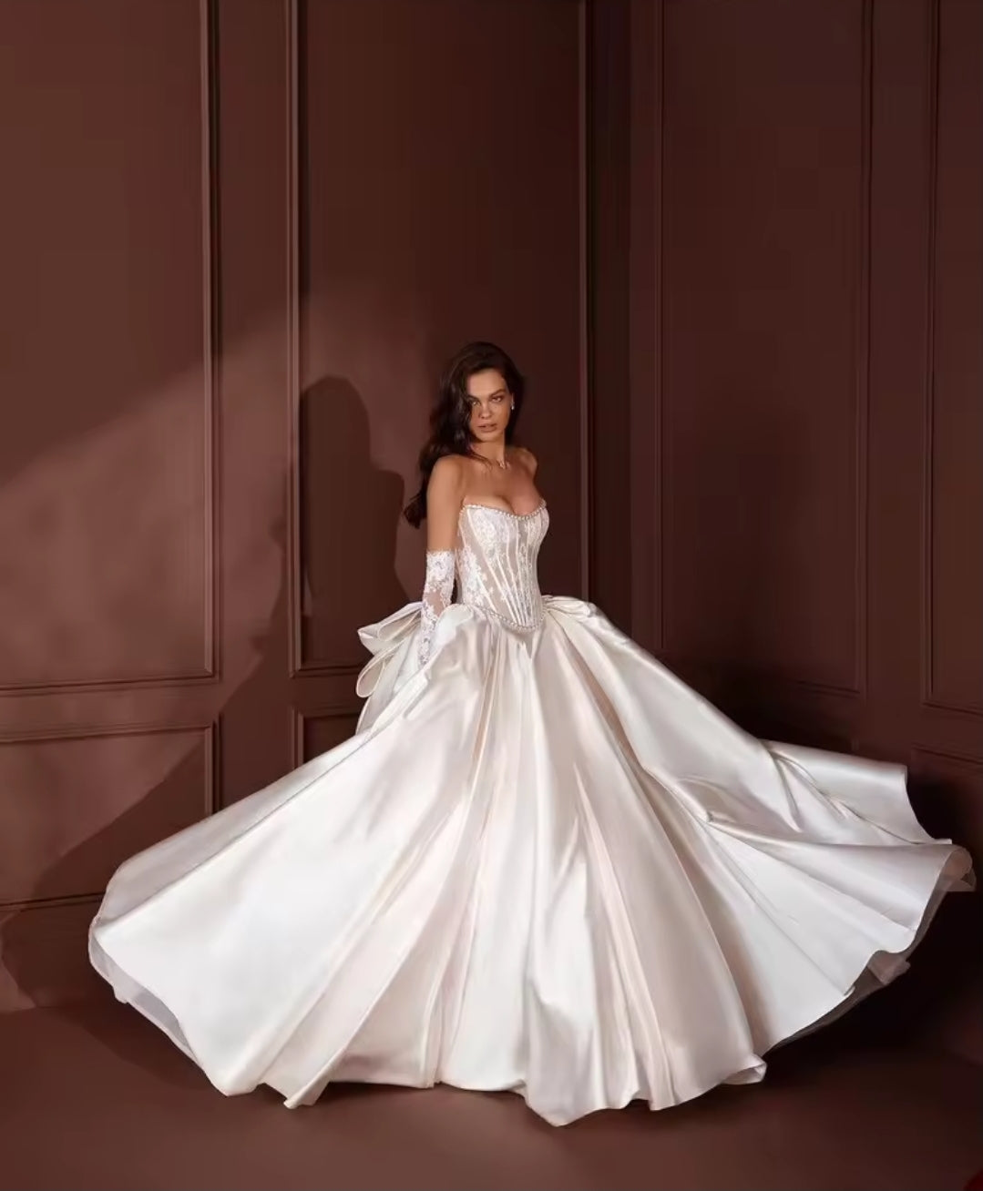 Strapless Lace Pearl Beaded Trim Corset Pleated A-Line Bridal Gown With Detached Lace Sleeves