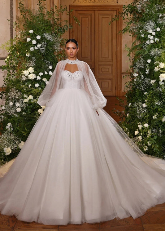 Strapless Beaded Embellished Sweetheart A-Line Bridal Gown With Detachable Long Sleeve Bolero