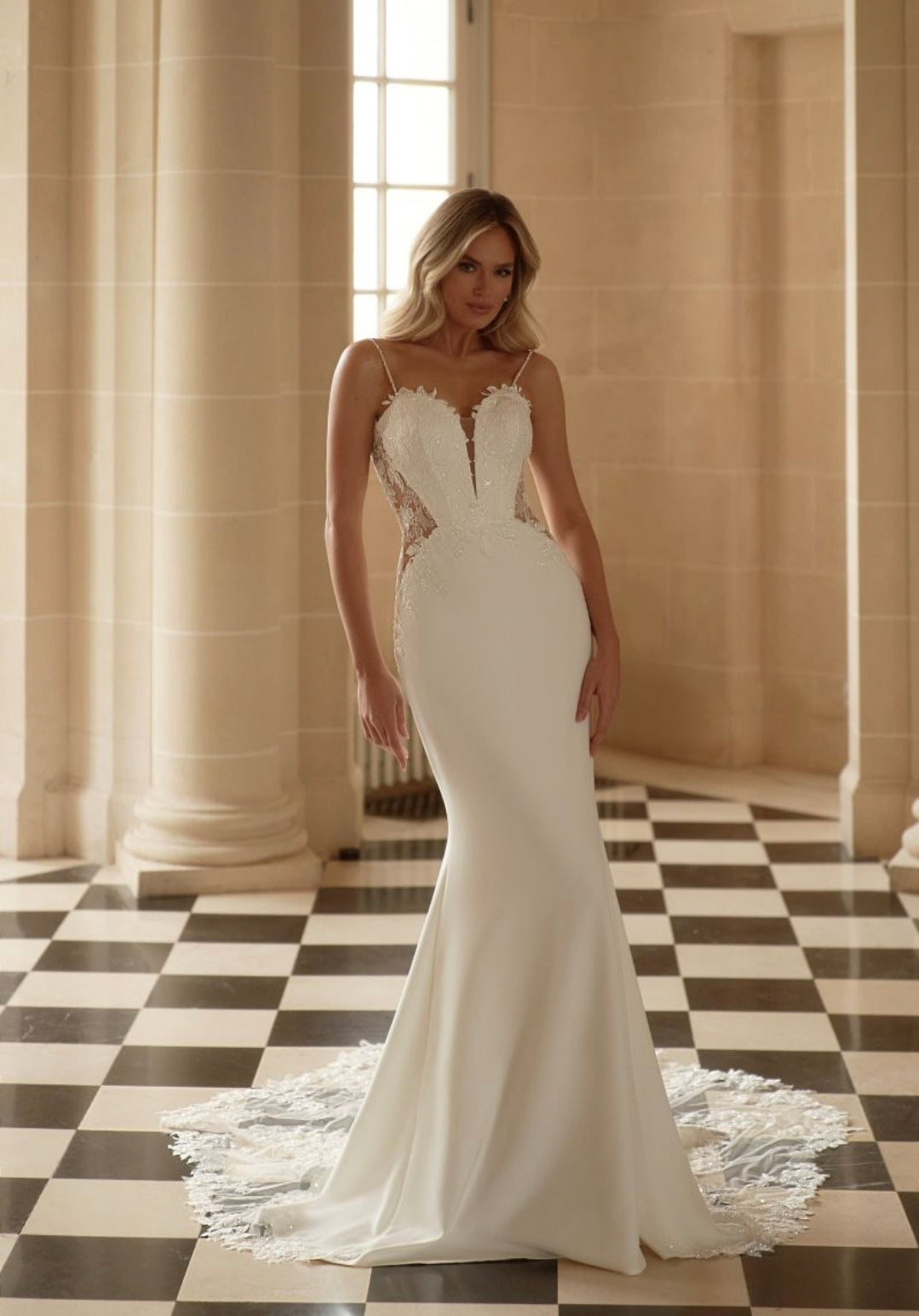 Sequin Beaded Spaghetti Strap Plunging Sweetheart Floral Lace Side Cutout Mermaid Bridal Gown