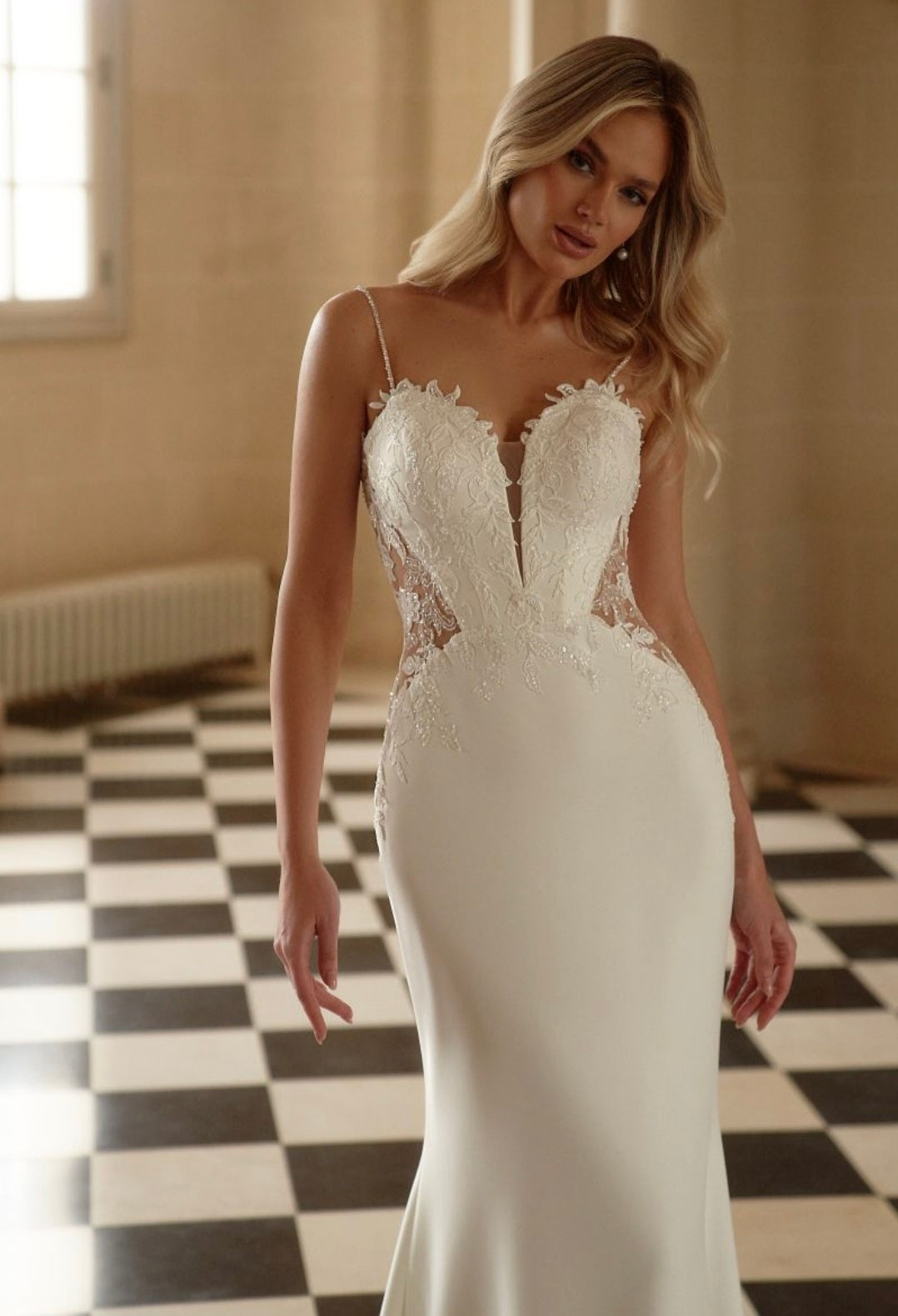 Sequin Beaded Spaghetti Strap Plunging Sweetheart Floral Lace Side Cutout Mermaid Bridal Gown