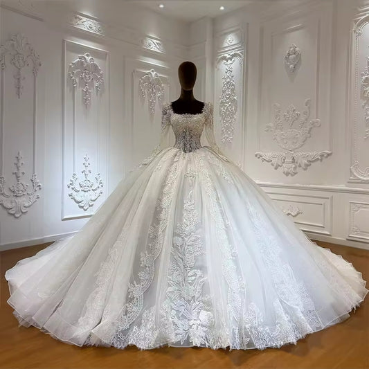 Beautiful & Elegant Lace Square Neck Sweetheart Floral A-Line Bridal Gown With Back Lace O And Lace Up Closure