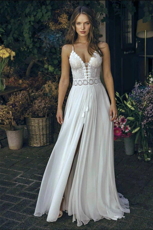 Sweet And Simple Chiffon Lace Strap Plunging Neckline And Sexy Open Back Beach Bridal & Ceremonial Gown