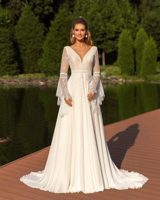 Long Lace Boho Flare Sleeve Chiffon Bridal And Ceremonial Gown