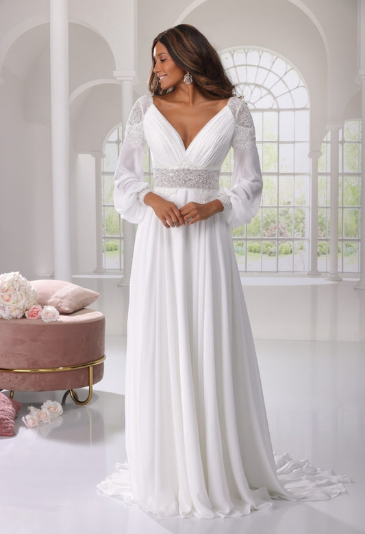 Chiffon And Sequinned Lace Accented Pleated Plunging V Neck Bridal And Ceremonial Gown