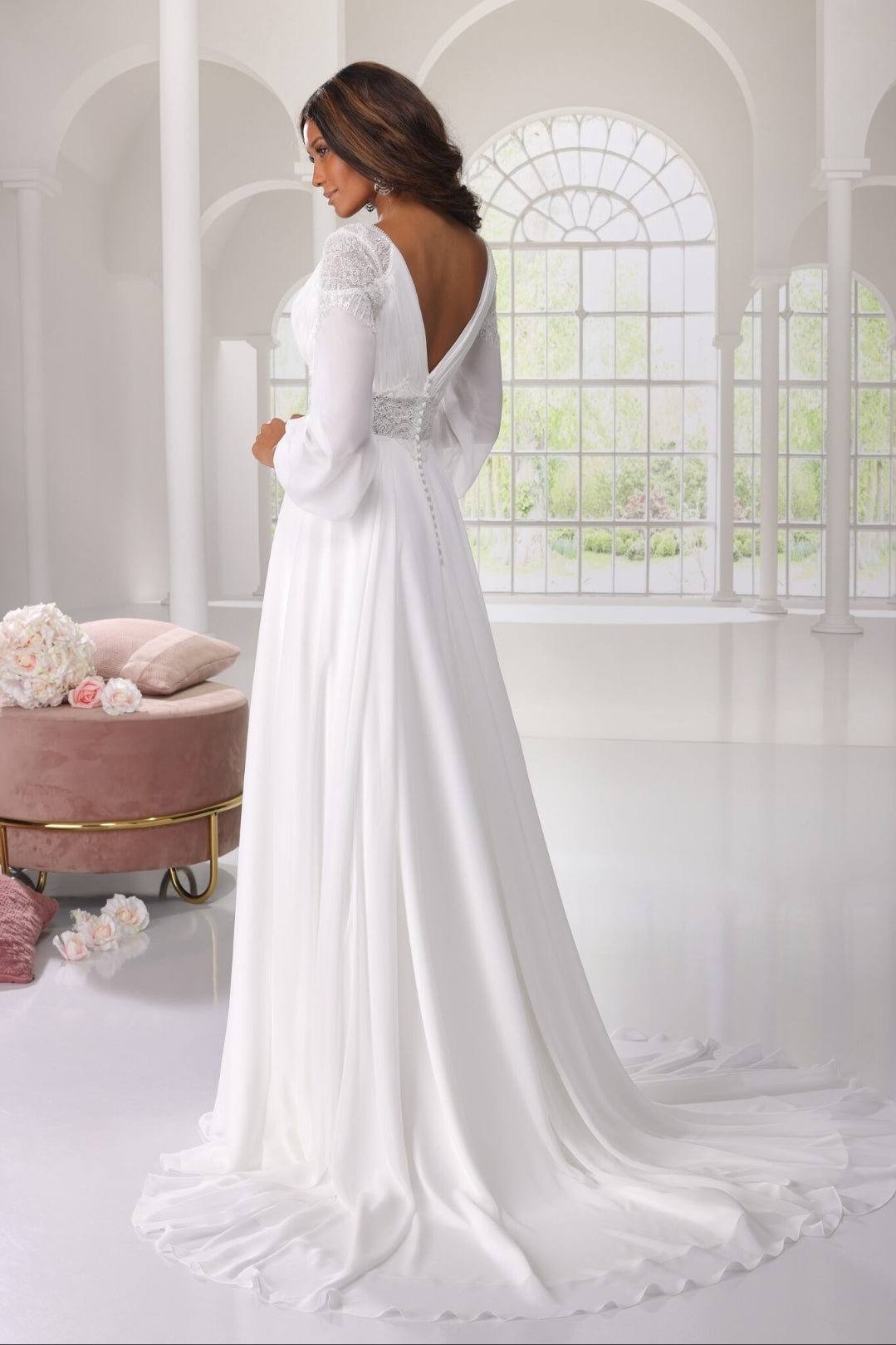 Chiffon And Sequinned Lace Accented Pleated Plunging V Neck Bridal And Ceremonial Gown