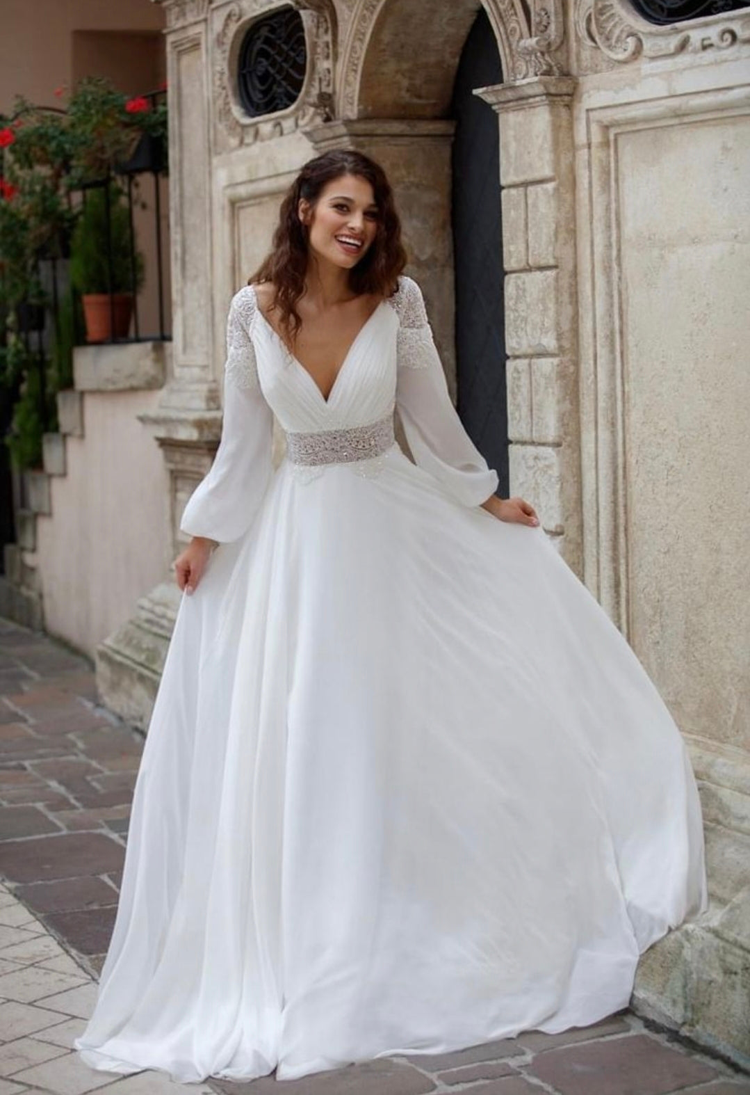 Chiffon And Sequinned Lace Accented Pleated Plunging V Neck Bridal And Ceremonial Gown