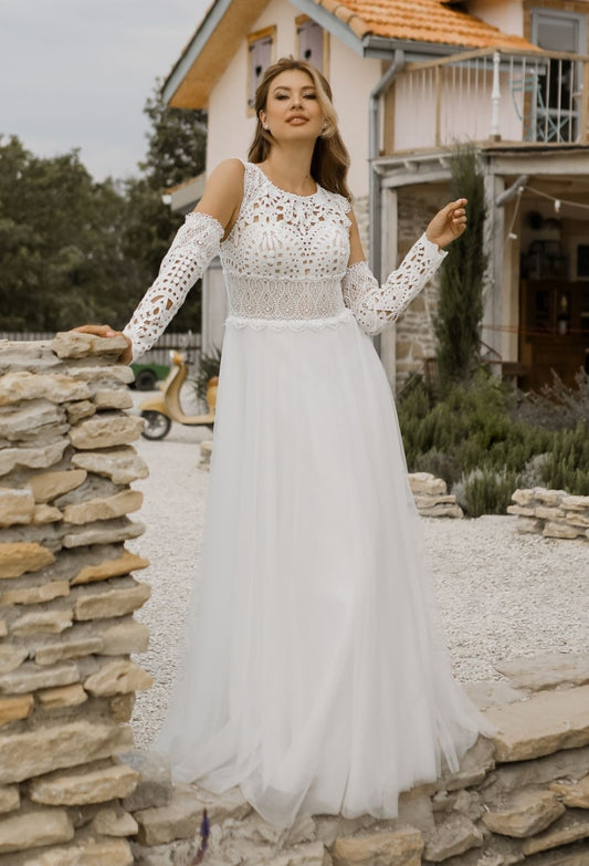 Beautiful And Unique Hollowed Out Lace Boho Chiffon Ceremonial And Bridal Gown With Detached Sleeves
