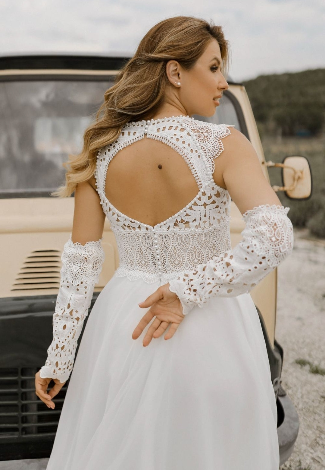 Beautiful And Unique Hollowed Out Lace Boho Chiffon Ceremonial And Bridal Gown With Detached Sleeves