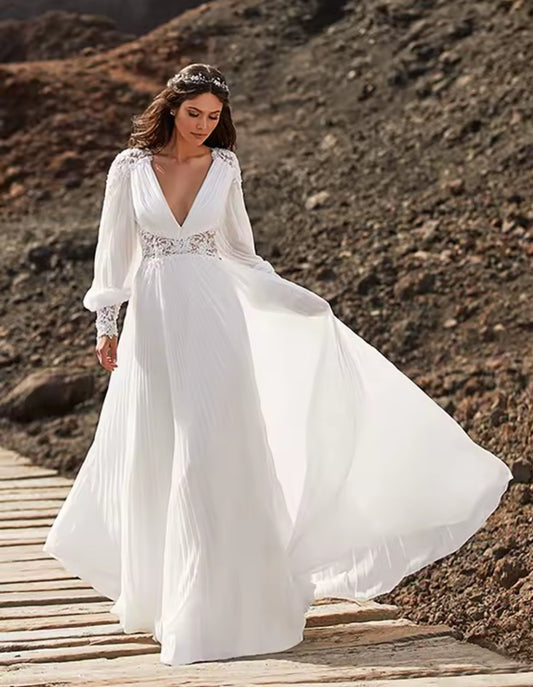 Plunging V Neck Long Sleeve Pleated Lace Shoulder, Waist And Wrist Detail A-Line Bridal And Ceremonial Gown