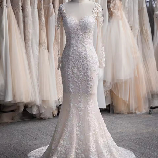 Sequinned Lace Long Sleeve Floral Lace Sweetheart Mermaid Bridal Gown 2025