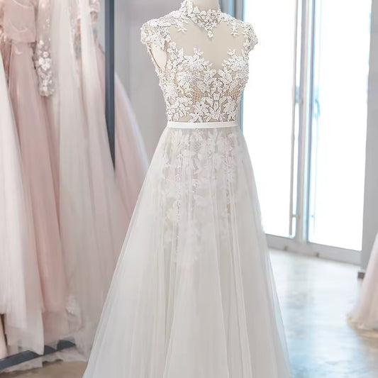 Mid Neck Sequinned Floral Lace Cap Sleeve Sweetheart Boho Beach Style Bridal And Ceremonial Gown