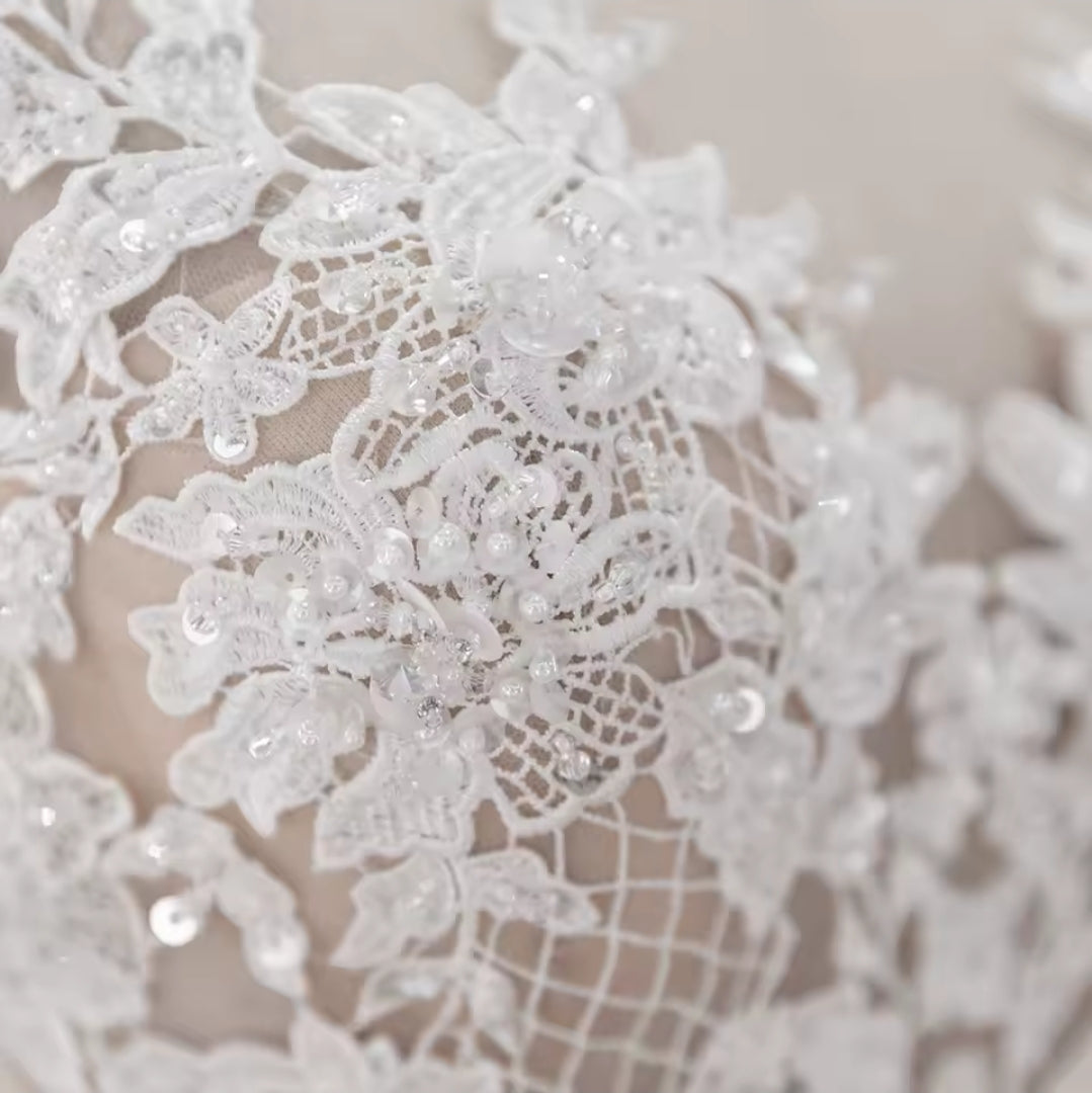 Mid Neck Sequinned Floral Lace Cap Sleeve Sweetheart Boho Beach Style Bridal And Ceremonial Gown