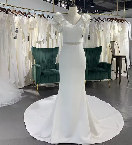 Ruffled Cap Sleeve V Neck And Pearl Beaded Minimalist Lace Waist Bridal, Ceremonial And Vow Renewal Mermaid Gown