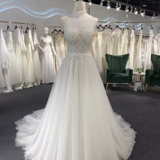 High Neck Beautiful Lace Halter 2025 Boho Beach Bridal, Vow Renewal And Ceremonial A-Line Gown