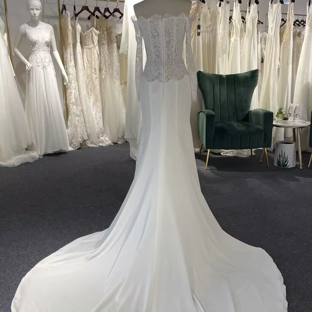 Elegant Ivory Lace Off The Shoulder Boat Neck Scalloped Waistline Detail Trumpet Bridal, Civil Ceremony And Vow Renewal Gown