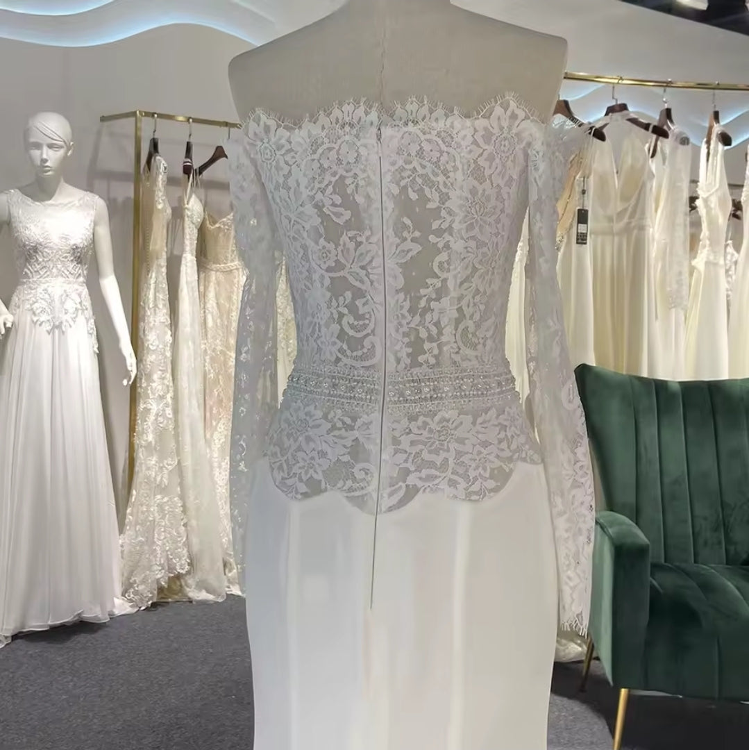 Elegant Ivory Lace Off The Shoulder Boat Neck Scalloped Waistline Detail Trumpet Bridal, Civil Ceremony And Vow Renewal Gown
