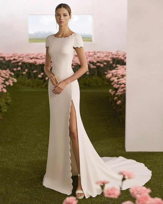 Scalloped Boat Neckline, Sleeve Detail And Side Slit Crepe Mermaid Bridal Gown