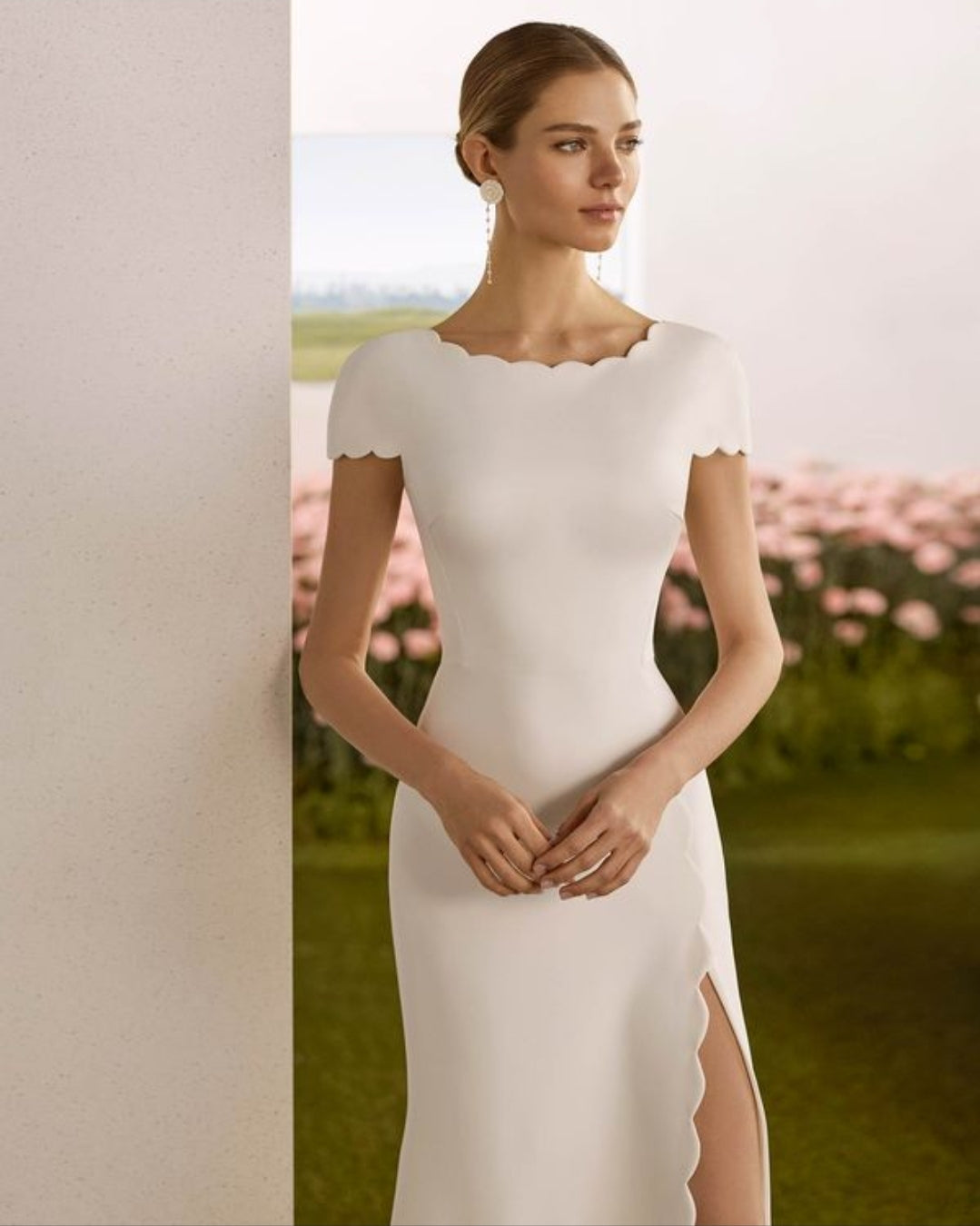 Scalloped Boat Neckline, Sleeve Detail And Side Slit Crepe Mermaid Bridal Gown