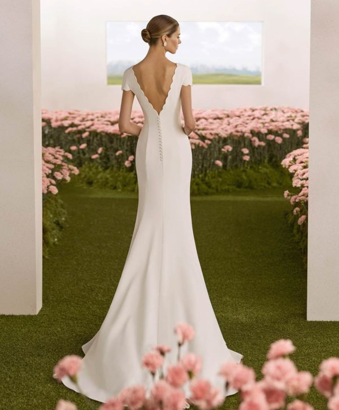 Scalloped Boat Neckline, Sleeve Detail And Side Slit Crepe Mermaid Bridal Gown