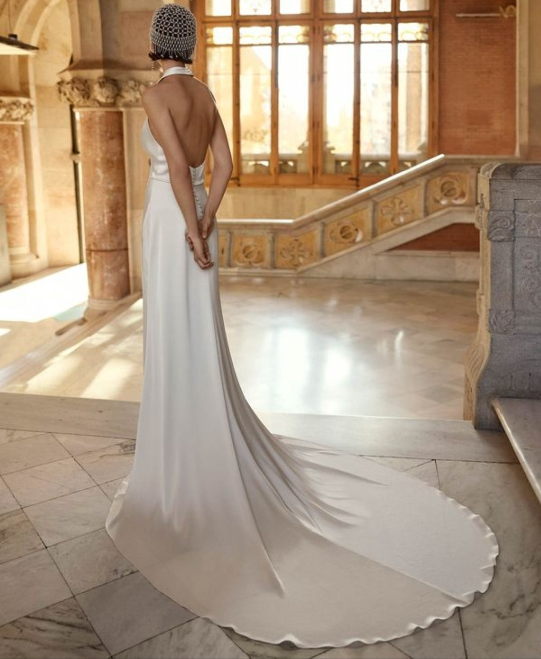 2 Piece Textured Satin Straight Bridal And Ceremonial Gown With V-Neckline, Open Back And Choker With Cascading Details