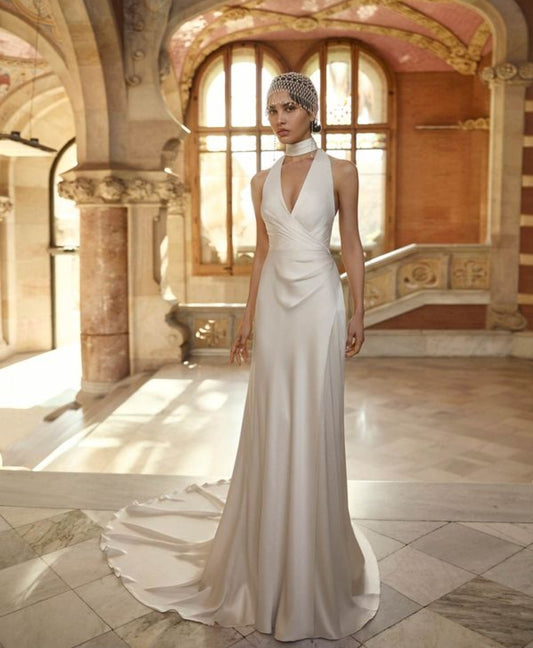 2 Piece Textured Satin Straight Bridal And Ceremonial Gown With V-Neckline, Open Back And Choker With Cascading Details