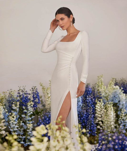 Stylish Crepe Long Sleeve Sheath Style Bridal Gown With Square Neckline, Open Back , Front Slit And Decorative Buttons