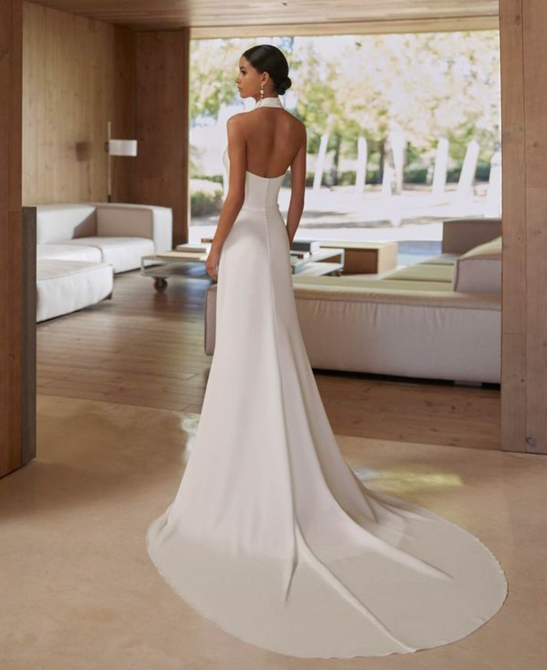Simple Halter Neckline, Open Back 2 Piece Sheath Bridal Gown With Beaded Waist Detail And Flowing Cape
