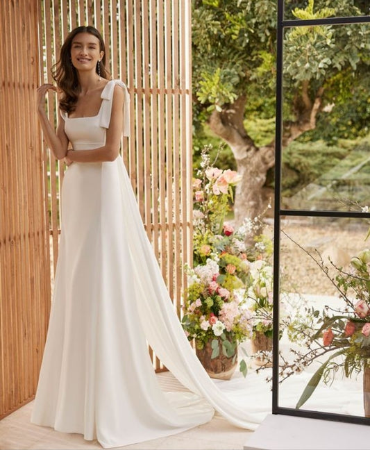 Crepe Sweet 2 Piece Sheath Wedding Gown With Detachable Train, Square Neckline And Open Back