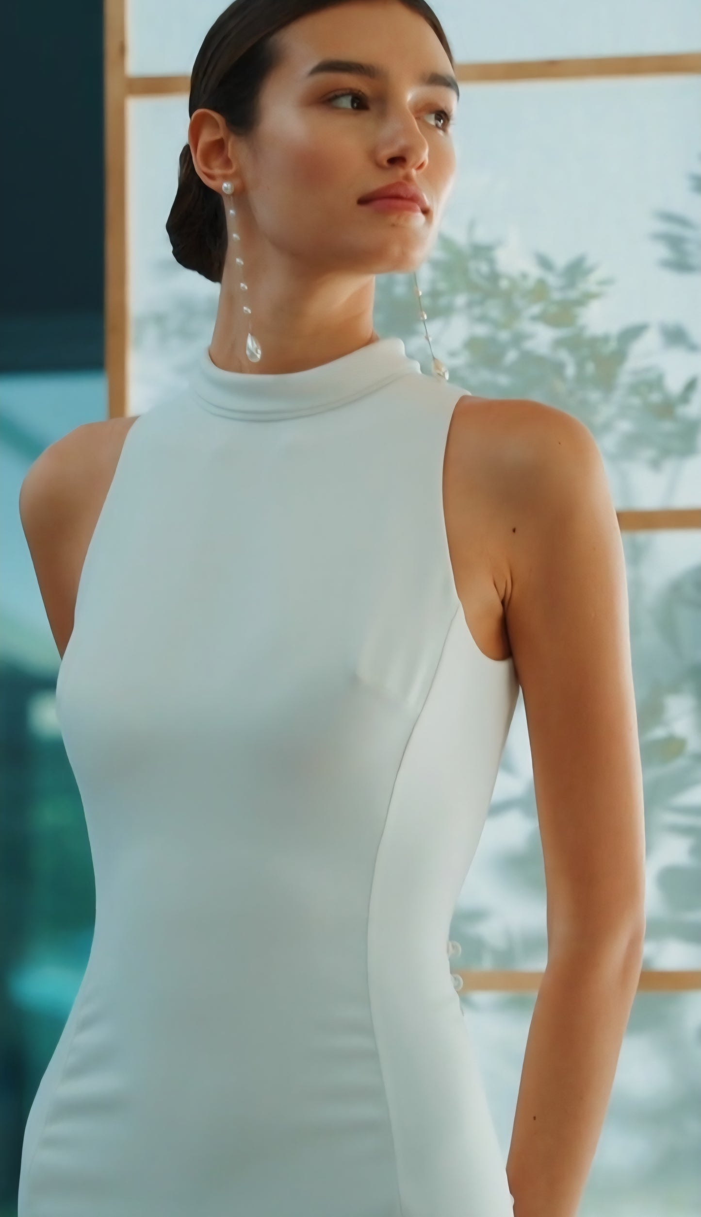 Modern Crepe Halter Neckline Sheath Bridal Gown With Open Back