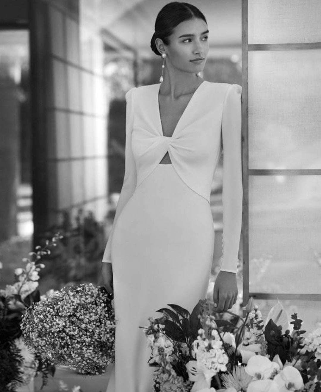 Mermaid Crepe Bridal Gown Featuring V-Neckline Gathered Knot With Open Back And Long Sleeves