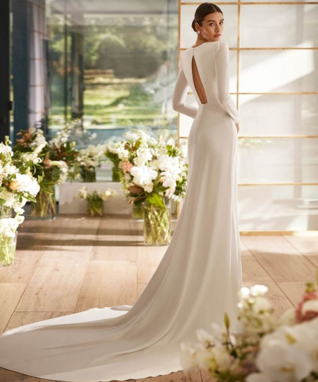 Mermaid Crepe Bridal Gown Featuring V-Neckline Gathered Knot With Open Back And Long Sleeves