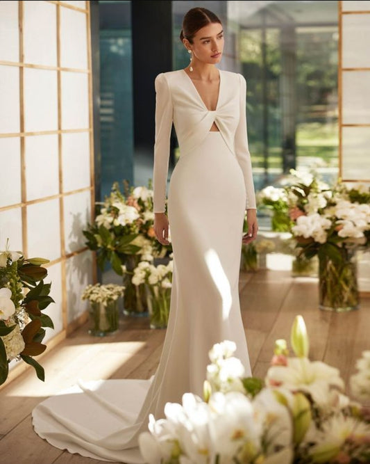 Mermaid Crepe Bridal Gown Featuring V-Neckline Gathered Knot With Open Back And Long Sleeves