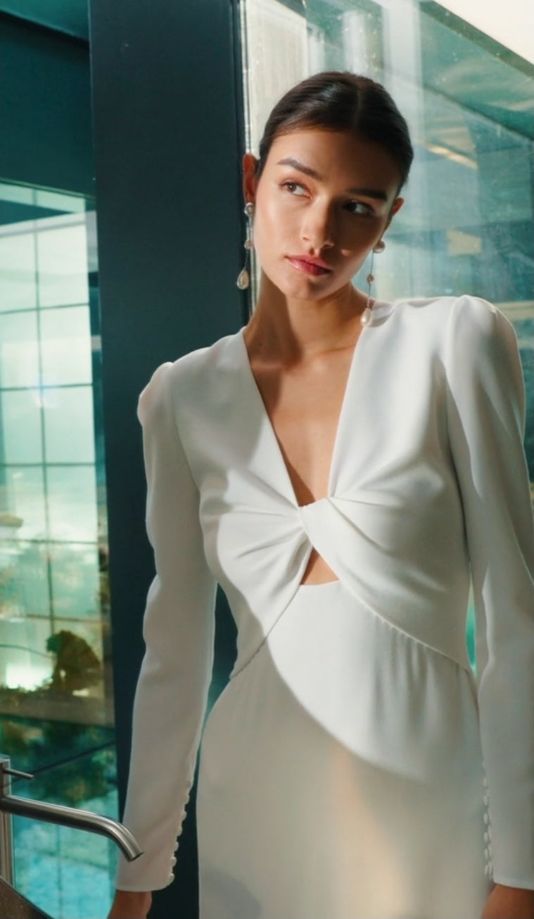 Mermaid Crepe Bridal Gown Featuring V-Neckline Gathered Knot With Open Back And Long Sleeves
