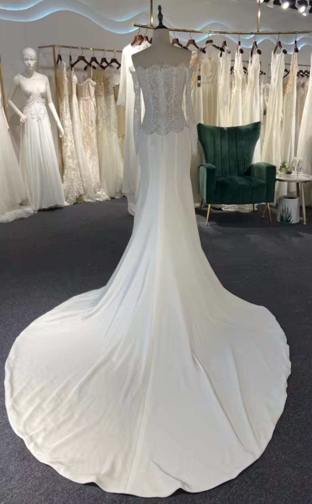 Elegant Ivory Lace Off The Shoulder Boat Neck Scalloped Waistline Detail Trumpet Bridal, Civil Ceremony And Vow Renewal Gown
