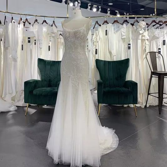 Beautiful Ivory Beaded Vintage Lace Ilusion V-Neckline Mermaid Bridal And Ceremonial Gown