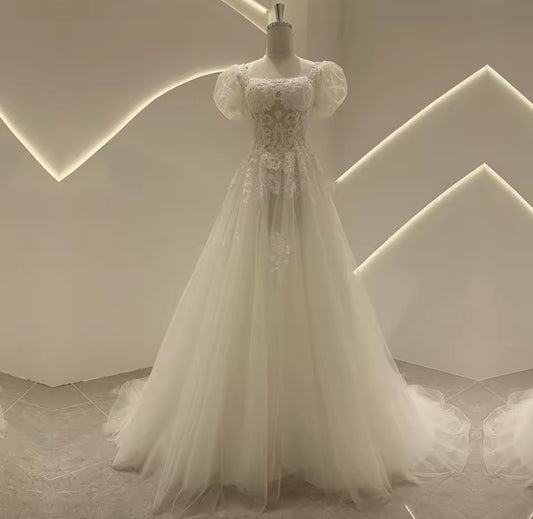 Square Neckline Short Puff Sleeve Lace Bodice A-Line Bridal Gown