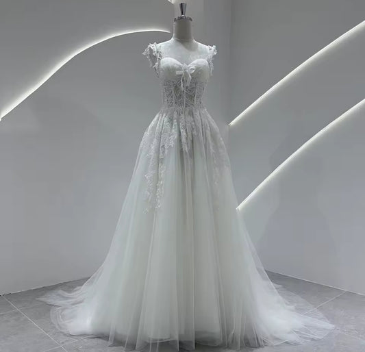 Sequin Floral Leaf Appliqué Strap Lace Sweetheart Bridal And Ceremonial Gown With Center Bow Detail And 50 CM Train