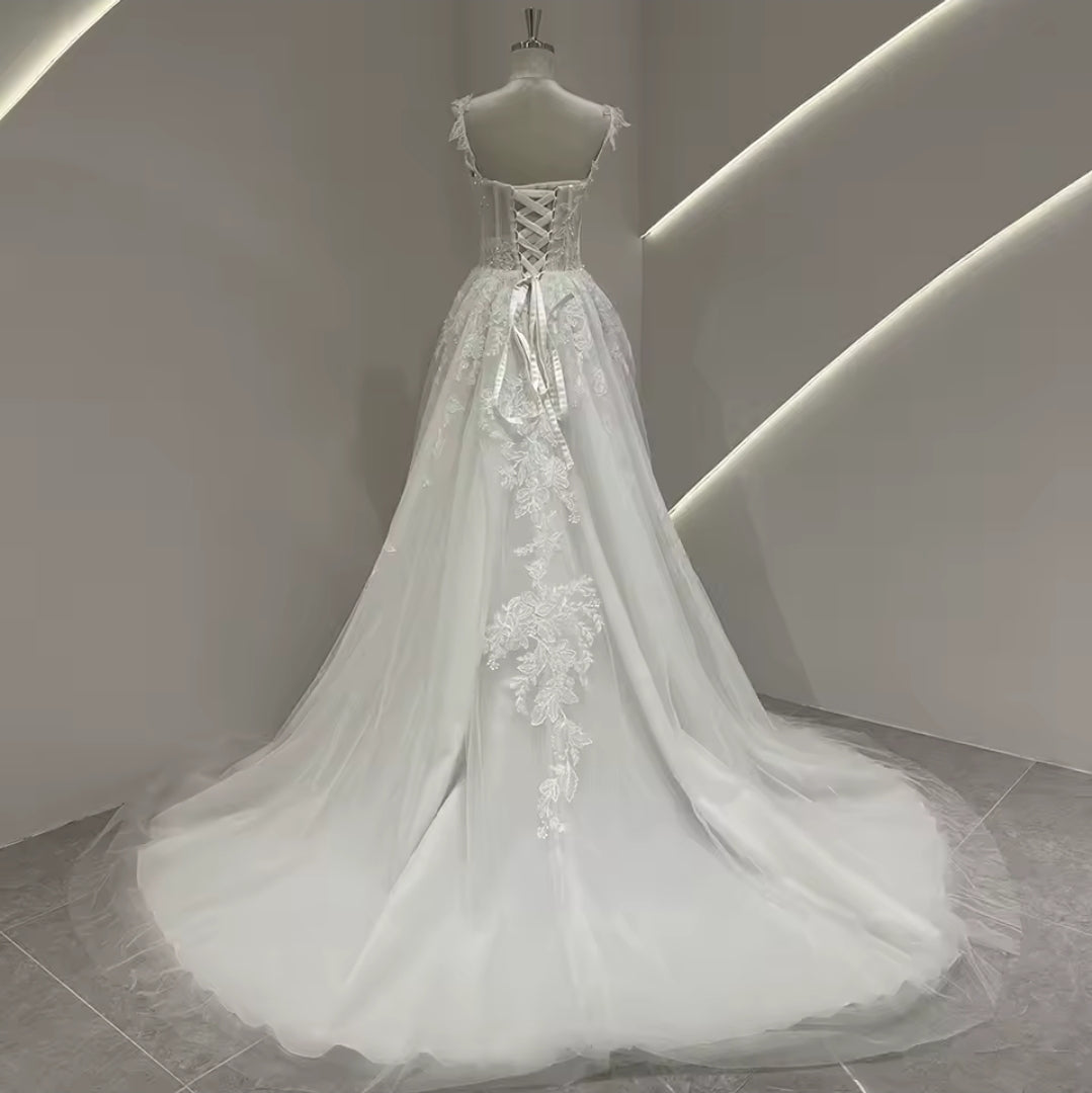 Sequin Floral Leaf Appliqué Strap Lace Sweetheart Bridal And Ceremonial Gown With Center Bow Detail And 50 CM Train