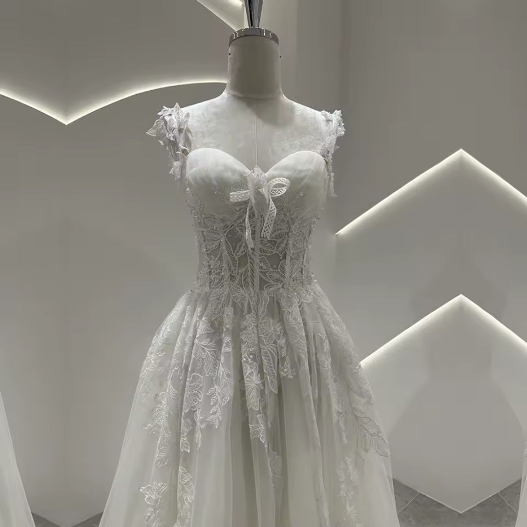 Sequin Floral Leaf Appliqué Strap Lace Sweetheart Bridal And Ceremonial Gown With Center Bow Detail And 50 CM Train