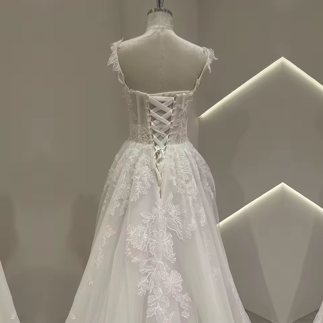 Sequin Floral Leaf Appliqué Strap Lace Sweetheart Bridal And Ceremonial Gown With Center Bow Detail And 50 CM Train
